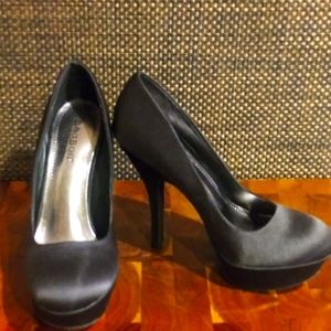 Black satin platform heels